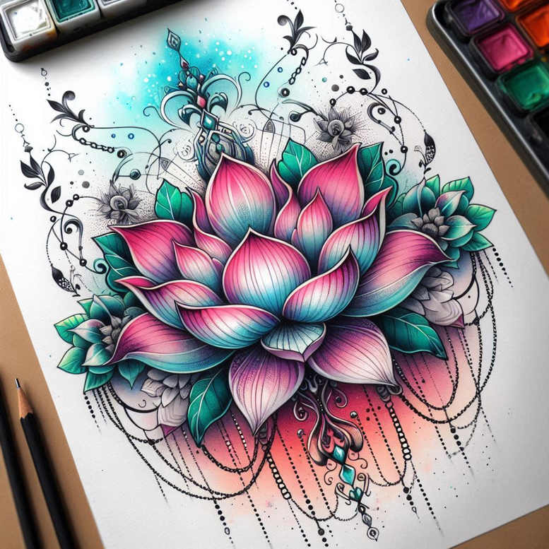 lotus-with-ornament – tattoo design ideas free ai generated – micro-line – for-knee – Gallery: lotuses-inkby-ai