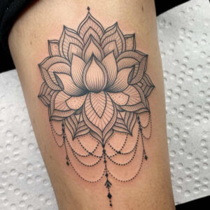 lotus-with-petals – tattoo design ideas free ai generated – no-shading – for-lower-leg – Gallery: lotuses-inkby-ai