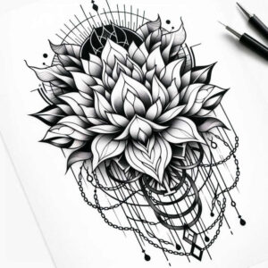 lotus-with-wavy-line – tattoo design ideas free ai generated – discreet-mark – for-back-shoulder – Gallery: lotuses-inkby-ai