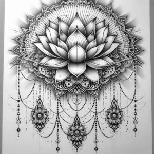 lotus-with-wavy-line – tattoo design ideas free ai generated – quiet-art – for-chest – Gallery: lotuses-inkby-ai