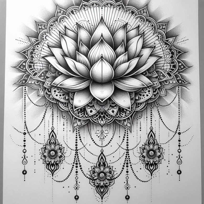 lotus-with-wavy-line – tattoo design ideas free ai generated – quiet-art – for-chest – Gallery: lotuses-inkby-ai