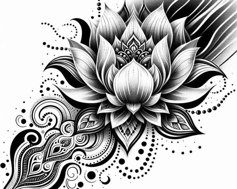 Black and grey lotus tattoo design featuring a central layered lotus, surrounding petals, swirls, and dotwork; AI-generated tattoo project.