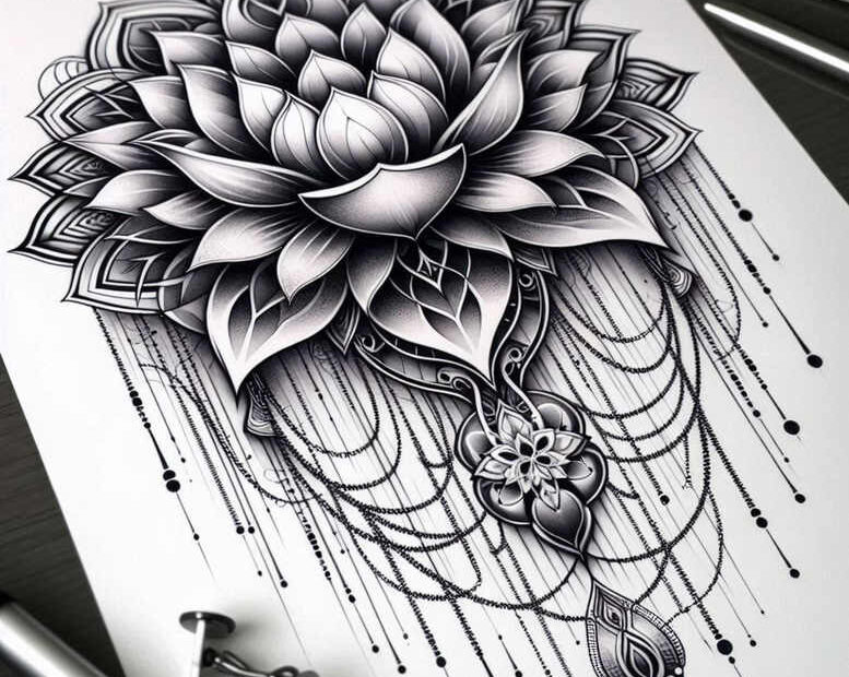 Lotus, petals, and dots in black linework on white background; linework tattoo design; not a cover-up.