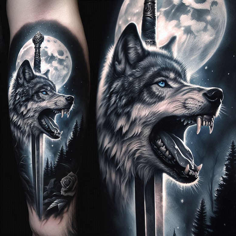 Black and grey tattoo design: snarling wolf with a sword behind the neck, full moon, pine trees, and a rose; AI-generated tattoo project; cover-up ready.