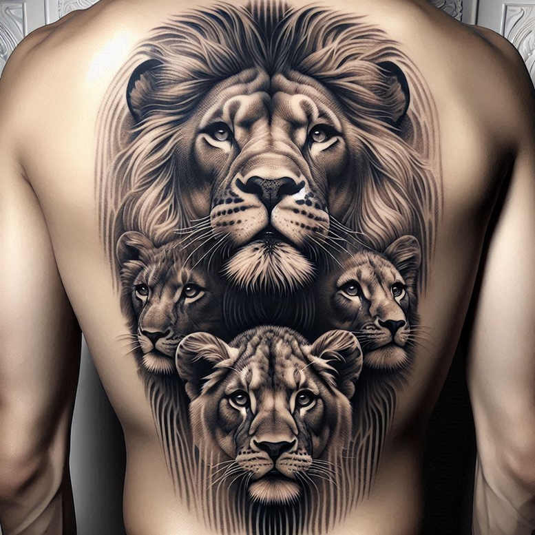 Back tattoo in black and grey featuring a central lion, flanked by lionesses and a striped tiger, grayscale project ideal for cover-up.