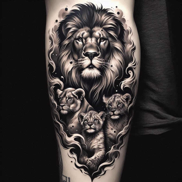 Lion and cubs in black and grey with smoke swirls; cover-up-ready tattoo project on skin; AI-generated concept.