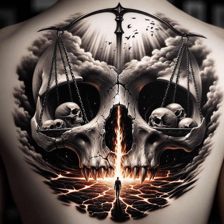 Back tattoo in black and grey with cracked skull, scales, chain, clouds, birds, fiery fissure and lone man; project; suitable for cover-up.