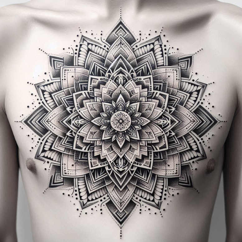 Project: black and grey mandala tattoo on the chest with layered petals and dot shading; suitable for cover-up.