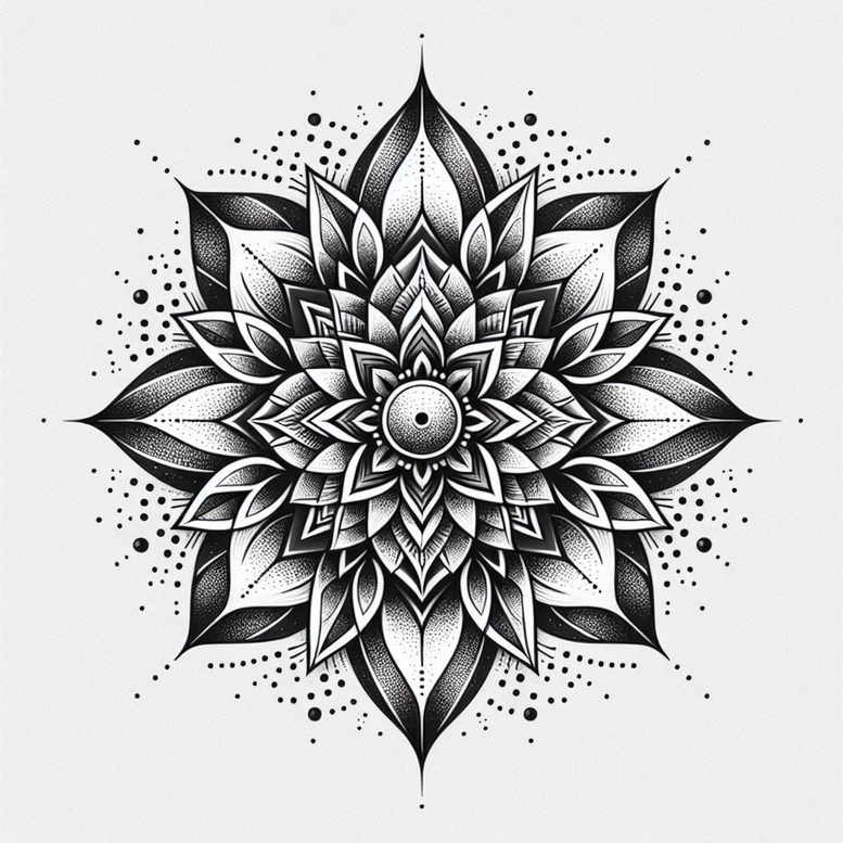 Black and grey mandala flower tattoo design (project); cover-up ready.