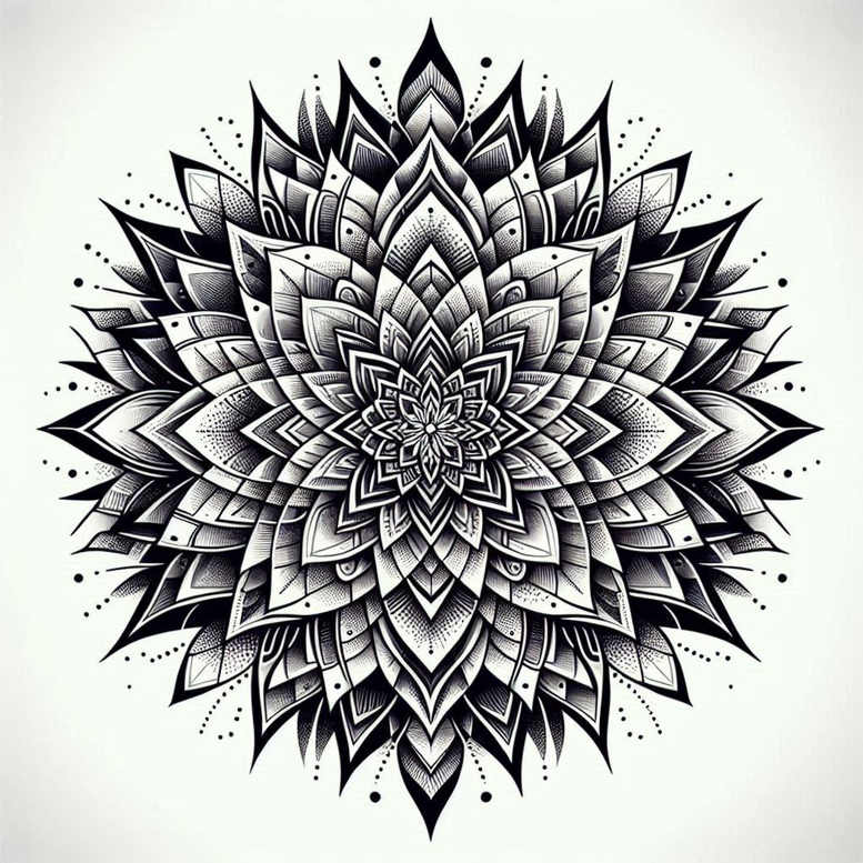 Flower mandala with layered petals and dot accents in black and grey linework; AI-generated tattoo project, pattern-ready cover-up.