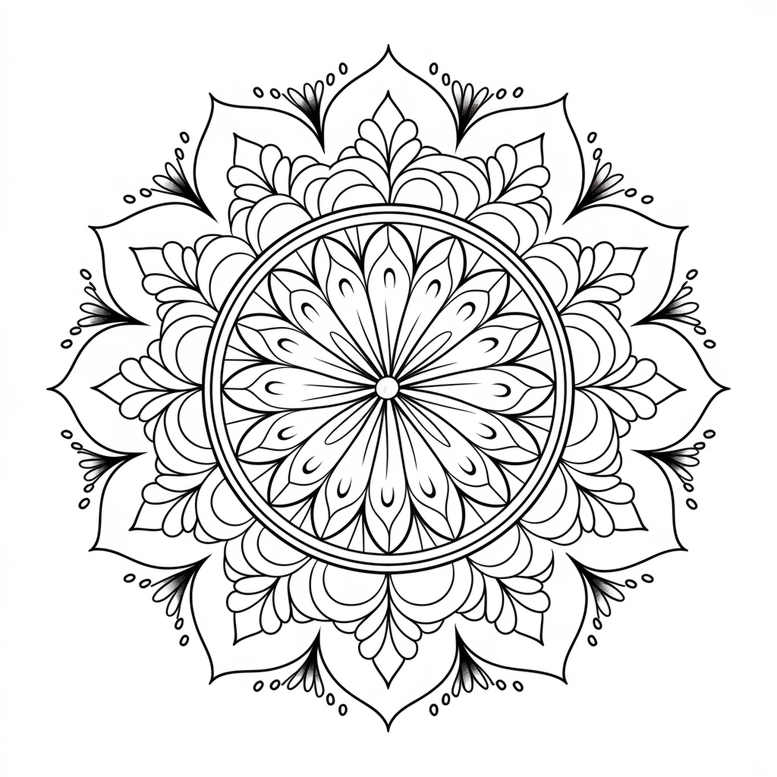Mandala, ring, petal, and dot elements form circular black-and-grey linework; tattoo design idea; not for cover-up.