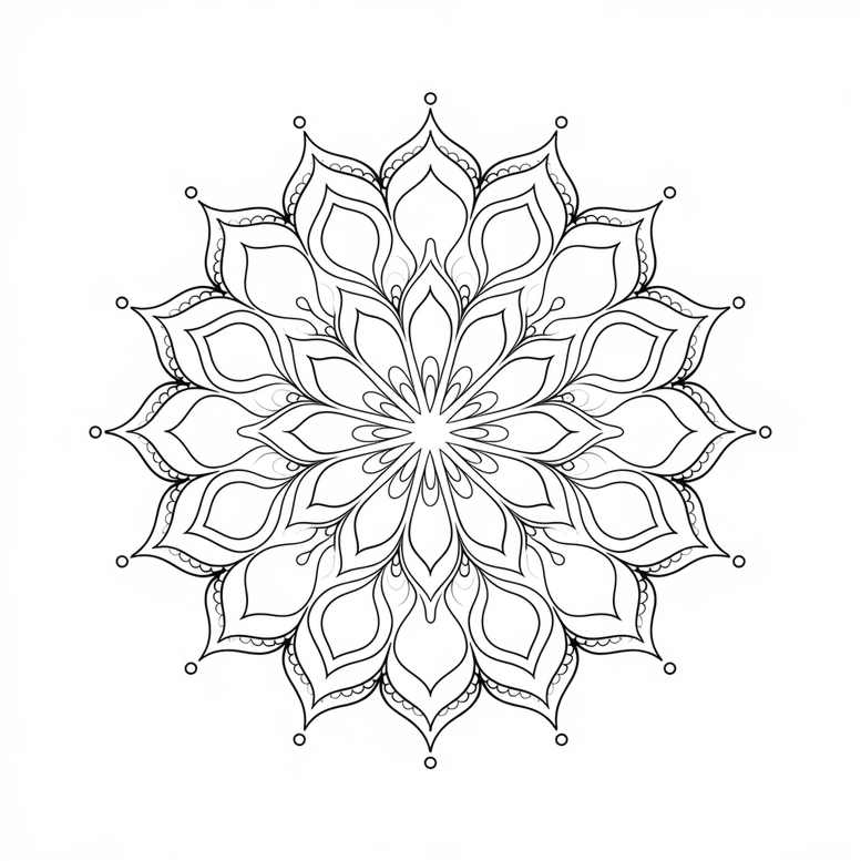 Black ink mandala with layered petals on a white background; AI-generated tattoo project; not specifically designed for cover-up.