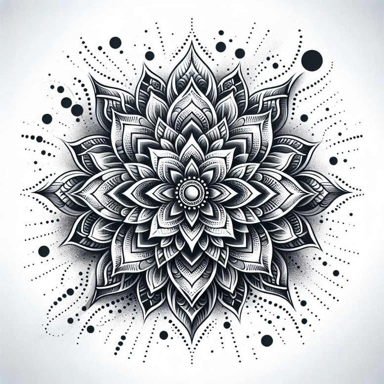 Mandala, circle, and dot elements; black and grey tattoo; project idea; suitable for cover-up.