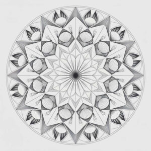 Circular mandala design with layered triangles and petal motifs in black and grey line work; tattoo project idea, suitable for cover-up.