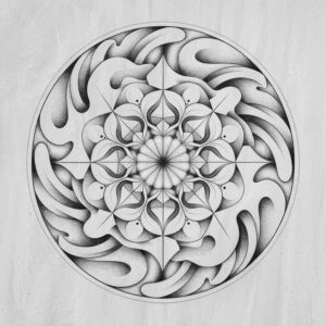 Black and grey mandala circle tattoo design with petals, lines, dots, and a dotted border; project idea; not suitable for cover-up.