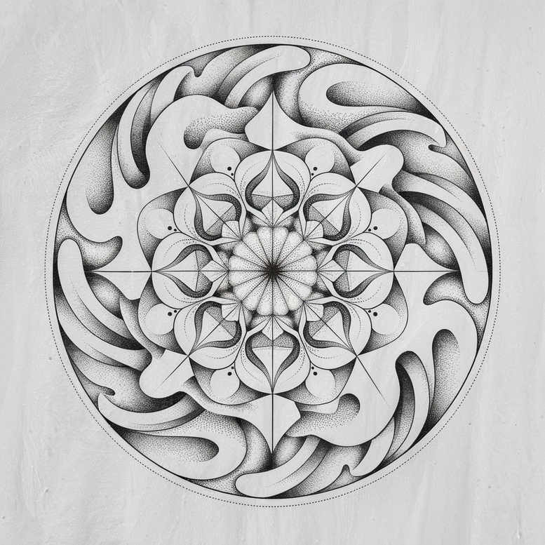 Black and grey mandala circle tattoo design with petals, lines, dots, and a dotted border; project idea; not suitable for cover-up.