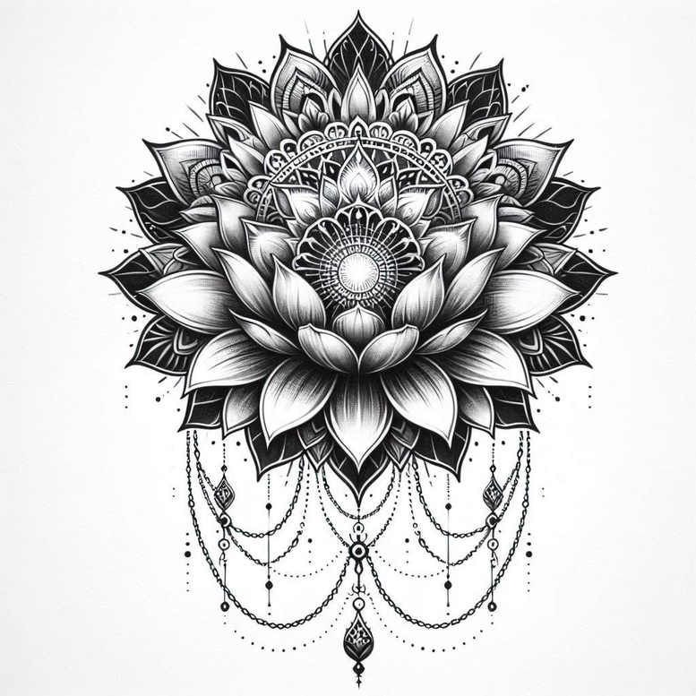 Black and grey lotus with mandala center and dangling chain accents; a finished tattoo project; not primarily designed for cover-up.