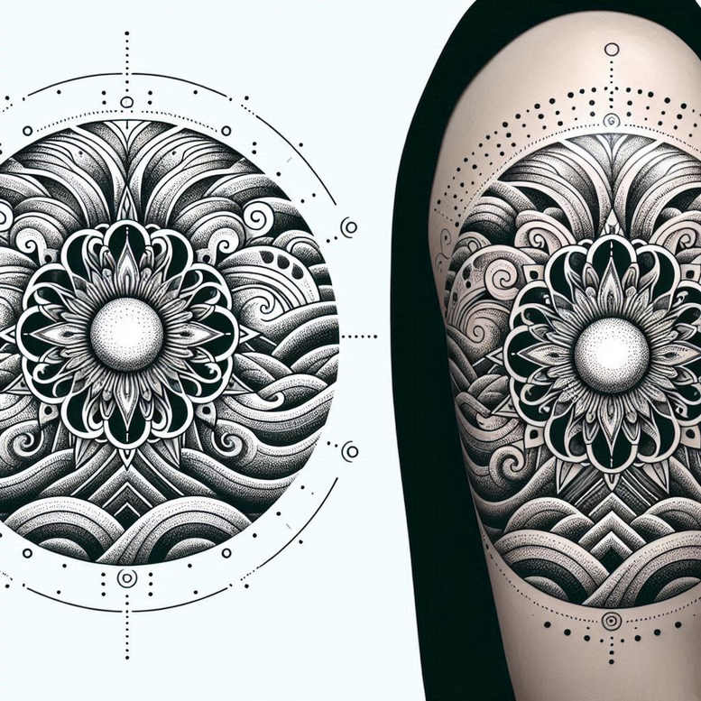 Black and grey mandala lotus tattoo design on skin with circular motif and dot accents; AI-generated tattoo project; not specifically designed for cover-up.