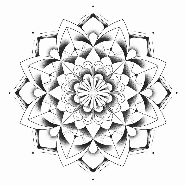 Mandala, petal, dot, line, circle, triangle; black and grey; AI-generated tattoo project; not a cover-up.
