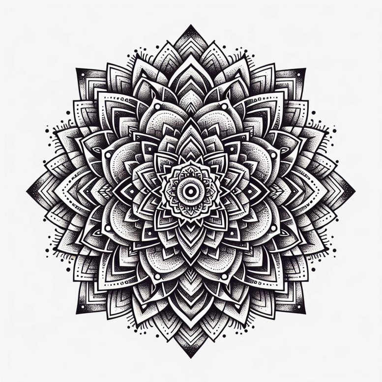 Mandala pattern in black and grey ink on white background; project, suitable for cover-up.