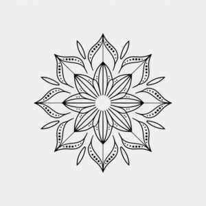 Mandala pattern in black ink on white background; black and grey linework, tattoo design, project idea, suitable for cover-up.