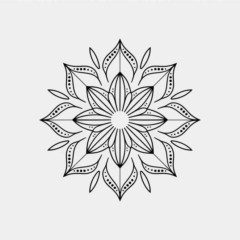 Mandala pattern in black ink on white background; black and grey linework, tattoo design, project idea, suitable for cover-up.