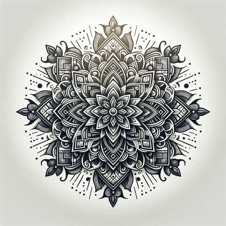 Mandala, petal, line, and dot in black and grey; AI-generated cover-up tattoo design.