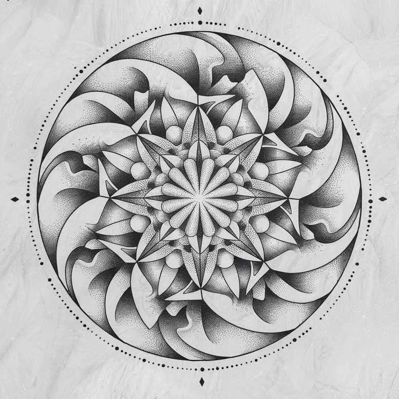 Circular mandala tattoo design in black and grey with layered petals, geometric triangles, central flower, and dotted border; project idea; suitable for cover-up.