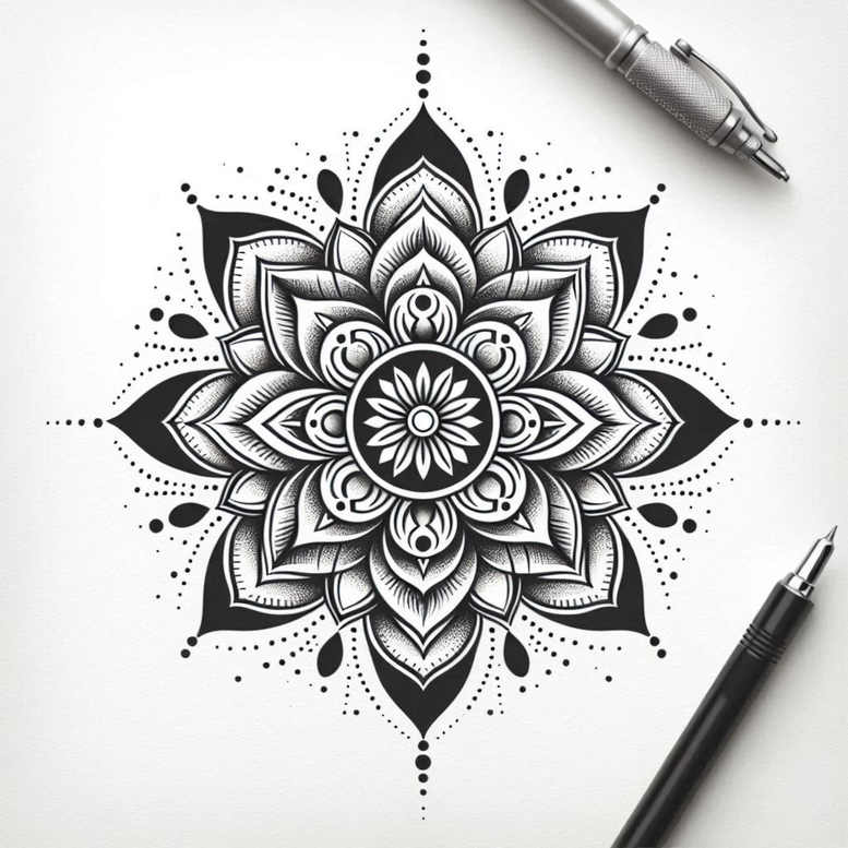 Mandala, tattoo machine, and needle shown in black and grey, with a central floral mandala, dot accents, and surrounding petals; tattoo project and cover-up ready.