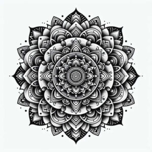 Mandala tattoo design in black and grey linework; a detailed project with strong cover-up potential.