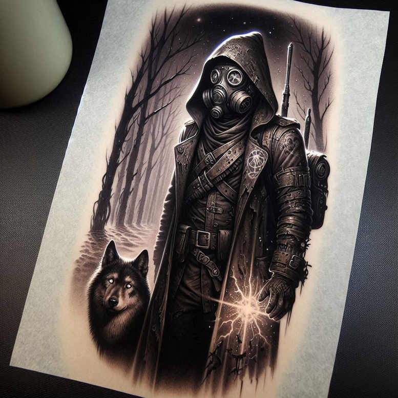 shadowed-mask – tattoo design ideas free ai generated – neotraditional-subtle-tone – for-elbow – Gallery: masks-inkby-ai