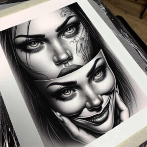 theatrical-mask – tattoo design ideas free ai generated – neotraditional-textured-shading – for-ribs – Gallery: masks-inkby-ai