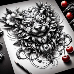 Black and grey mechanical dog head tattoo design with gears and tubes, surrounded by leaves, a flower, and cherries; AI-generated tattoo project; cover-up-ready.