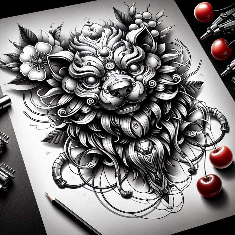 Black and grey mechanical dog head tattoo design with gears and tubes, surrounded by leaves, a flower, and cherries; AI-generated tattoo project; cover-up-ready.