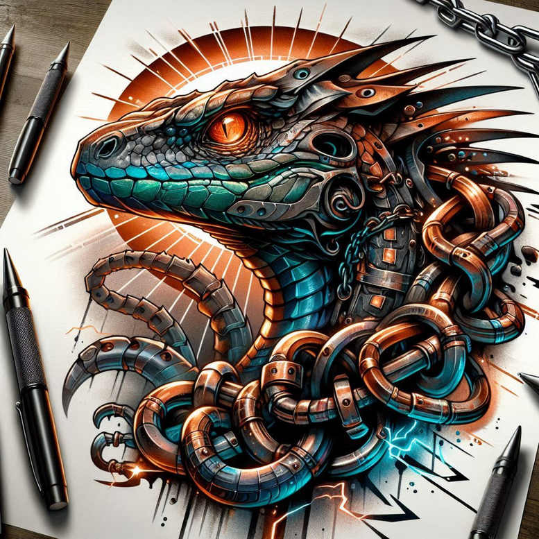 Colorful Sobek-inspired dragon and crocodile head tattoo in teal and copper with chained rings and black linework on white background; color; concept idea.