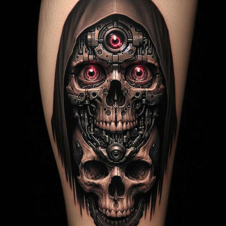 Skull, machinery, hood; black and grey, red eyes; pattern tattoo project, cover-up ready.