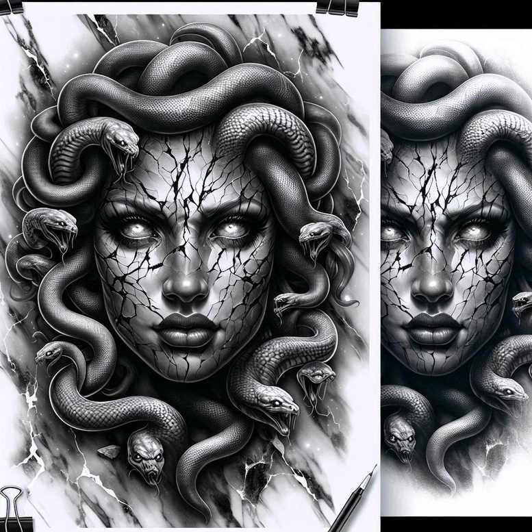 medusa-serpent-hair – tattoo design ideas free ai generated – night-terror – for-upper-back – Gallery: medusa-inkby-ai