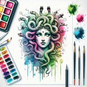 mythological-power-tattoo – tattoo design ideas free ai generated – sombre – for-abdomen – Gallery: medusa-inkby-ai
