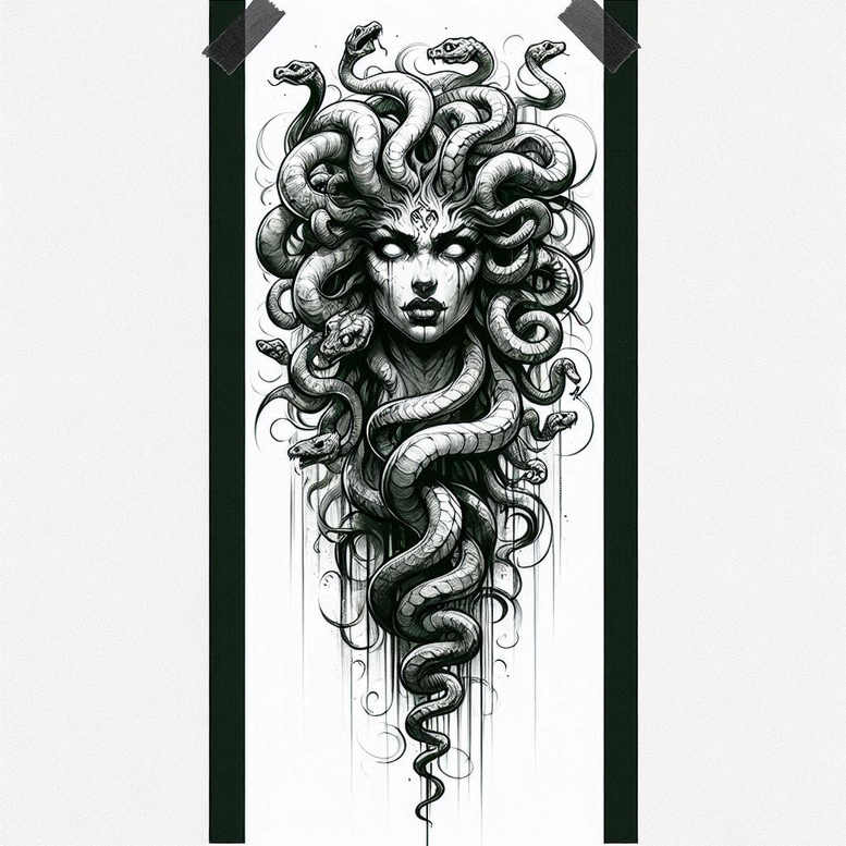 Medusa head with coiling snakes in black and grey; AI-generated tattoo project; cover-up suitable.