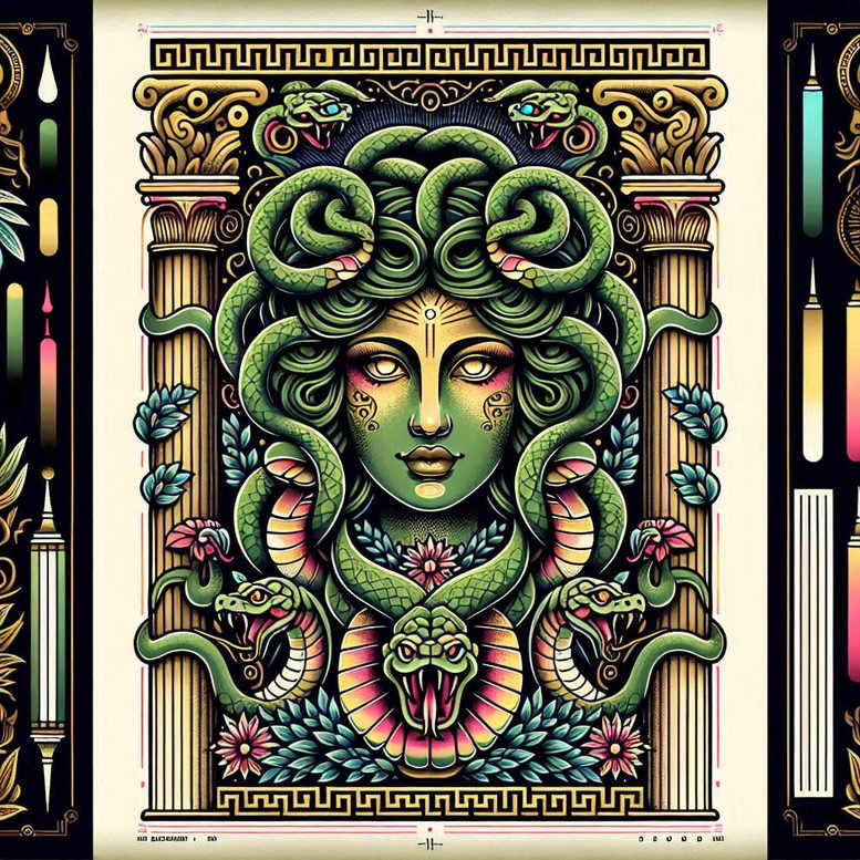 AI-generated tattoo project: Medusa head with green snakes, lotus flowers, and ornate frame in full color; pattern-rich design; suitable for a cover-up: no.