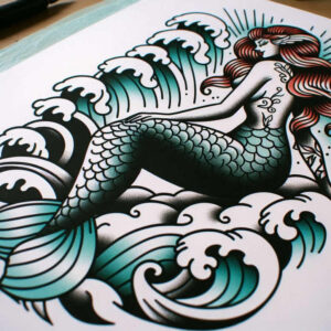 mermaid-with-water-neotraditional-refined-lines-for-elbow – tattoo design ideas free ai generated – Gallery: mermaids-inkby-ai