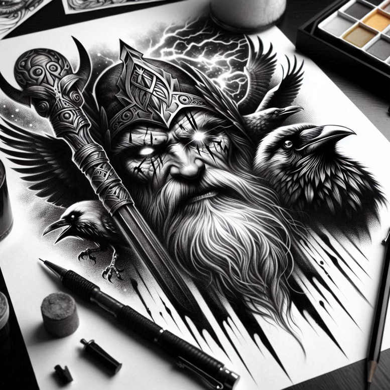 Black and grey wizard portrait with crown, ornate staff, raven, lightning, and ink splashes; a cover-up tattoo project.