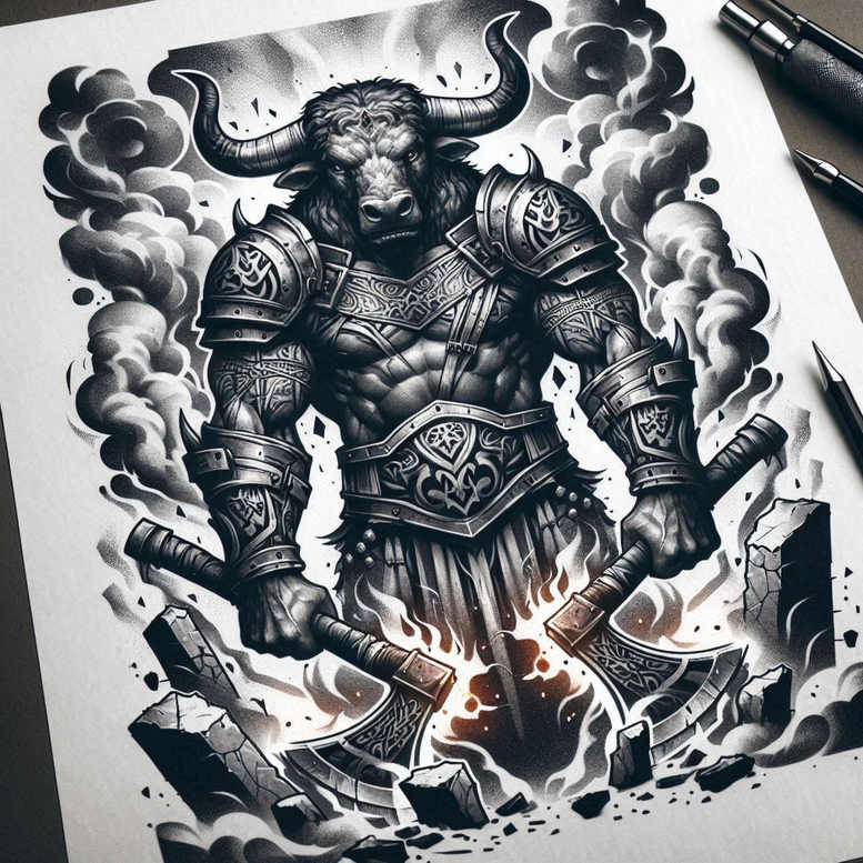 Black and grey minotaur warrior tattoo concept in heavy armor and axe, concept art idea, cover-up-ready.