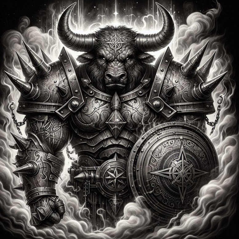 Minotaur wearing black and grey armor with horns, belt, and fur stands in smoky darkness, shield visible; AI-generated monochrome tattoo concept, cover-up ready.