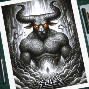 Minotaur with chest and shoulder tattoos in black and grey, chained forest backdrop, doorway maze, and lone silhouette; tattoo project; cover-up suitable.