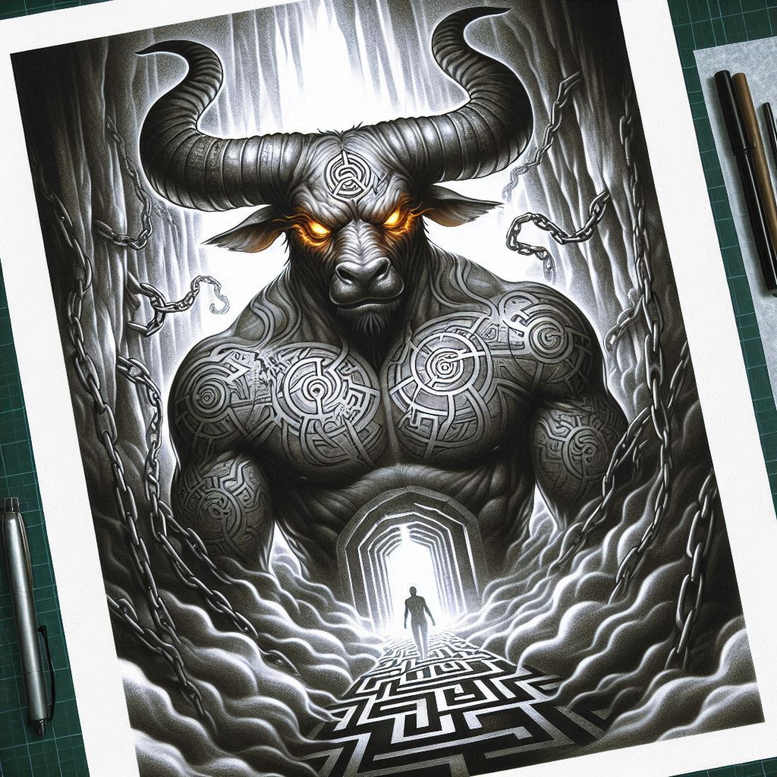 Minotaur with chest and shoulder tattoos in black and grey, chained forest backdrop, doorway maze, and lone silhouette; tattoo project; cover-up suitable.
