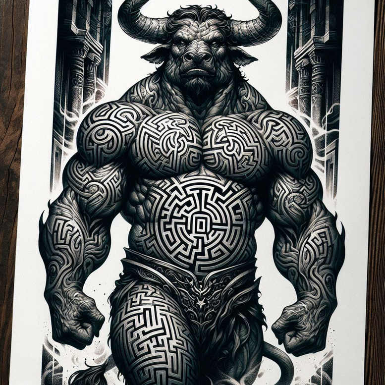 Minotaur figure in black and grey ink with horns and decorative belt, covered in interlocking maze patterns; tattoo design project; suitable for a cover-up.
