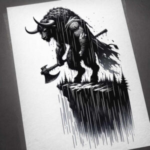 Minotaur on cliff with horns and axe, pine trees in the background, rain lines in black and grey; tattoo design idea, cover-up suitable.