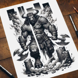 Minotaur with ornate armor and twin axes, among broken brick and clouds, in black and grey; tattoo project idea; suitable for a cover-up.