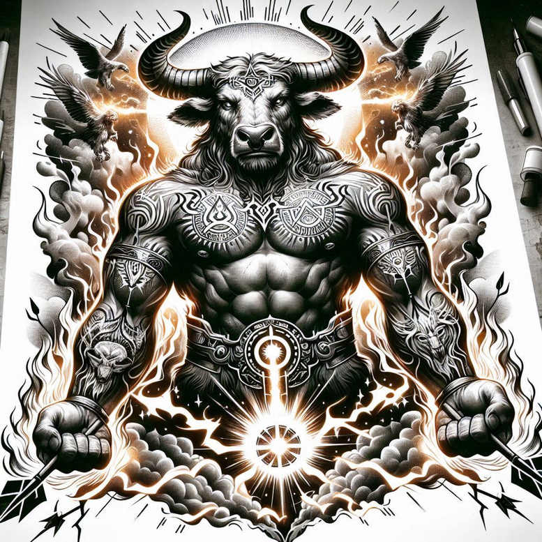 Minotaur figure in black and grey realism with muscular torso, horned head, tattooed arm, circular sigil on chest glowing with fire aura; project concept; cover-up potential.